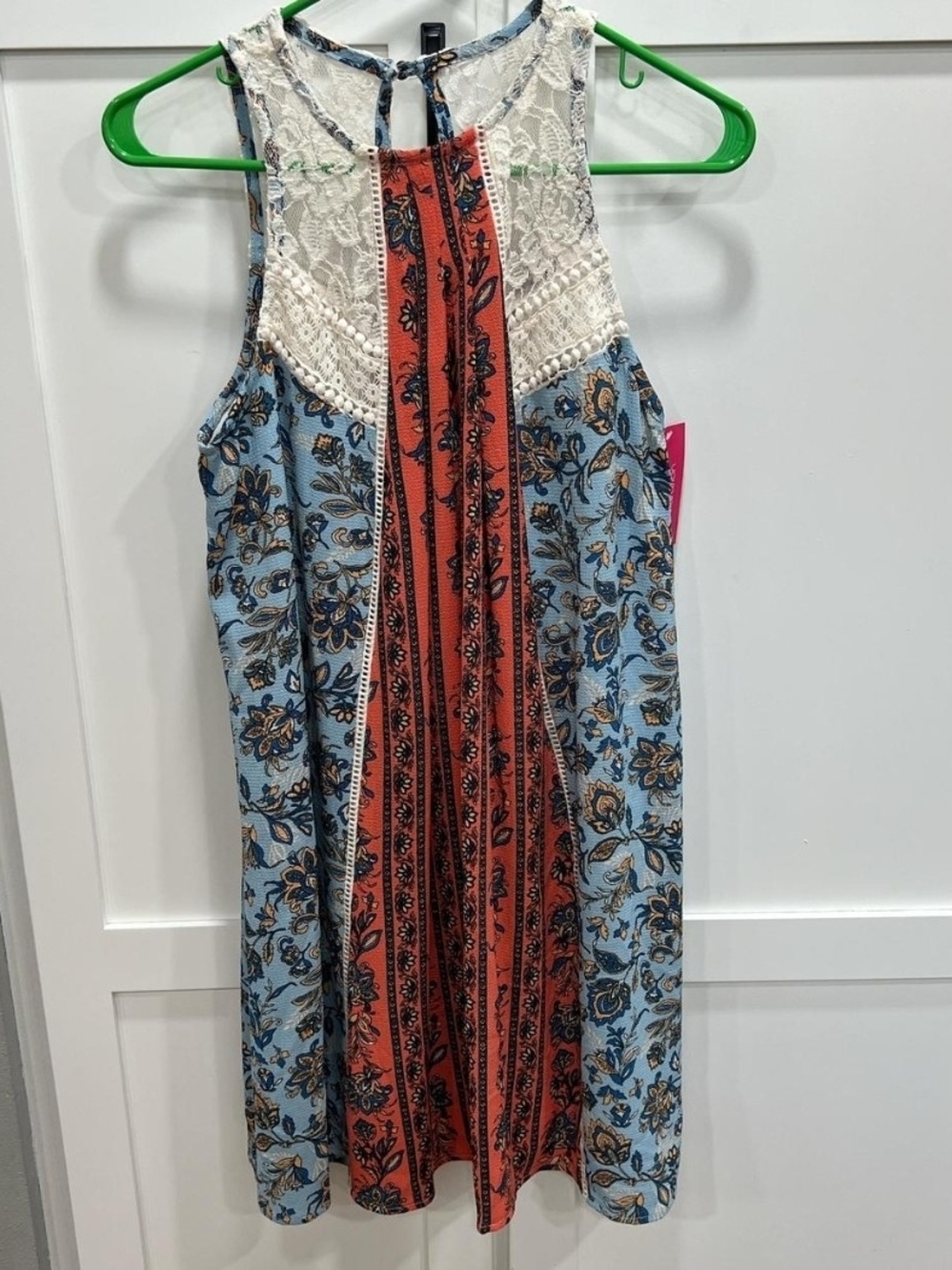 Xhilaration Blue and Red Floral Midi Dress with Lace Yoke